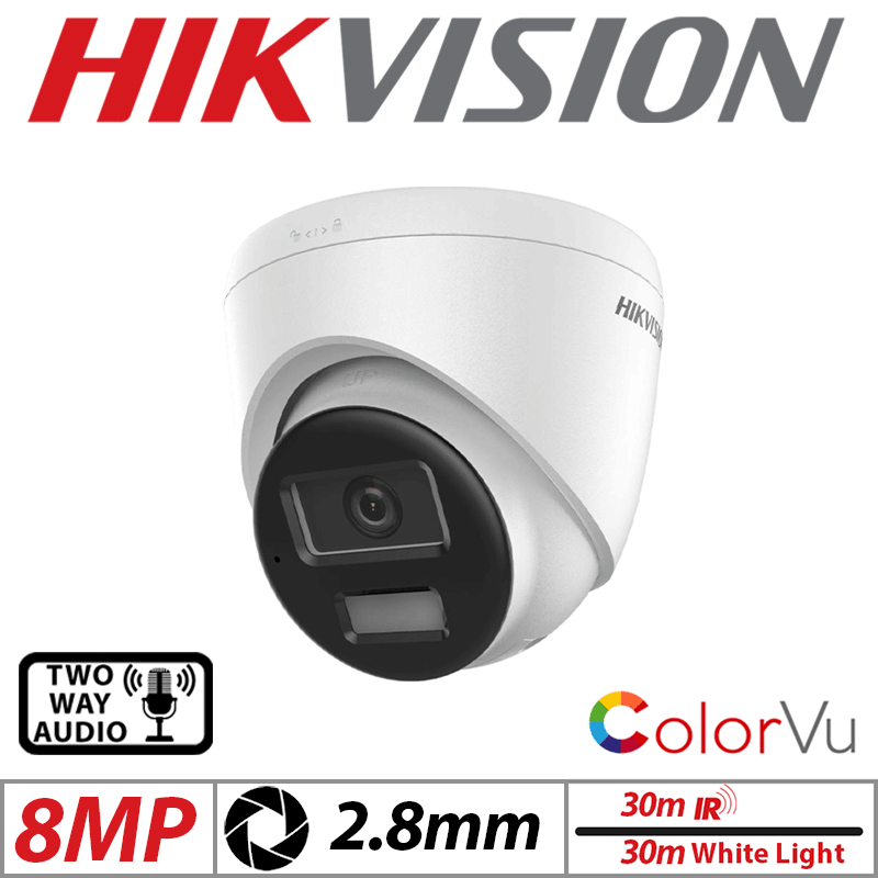 8MP HIKVISION COLORVU FIXED TURRET IP NETWORK CAMERA WITH 2-WAY AUDIO 2.8MM WHITE  DS-2CD1383G2-LIUF/SL (2.8MM)