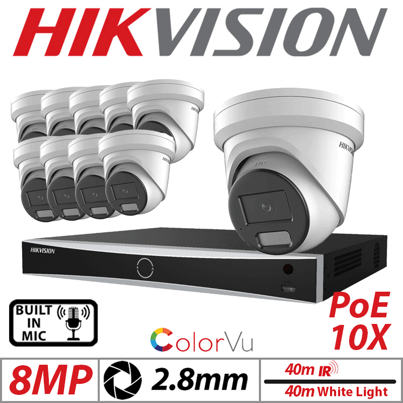 8MP 16CH HIKVISION IP KIT - 10X COLORVU FIXED TURRET IP NETWORK CAMERA WITH BUILT-IN MIC & SMART HYBRID LIGHT 2.8MM WHITE DS-2CD2387G2H-LIU-2.8MM