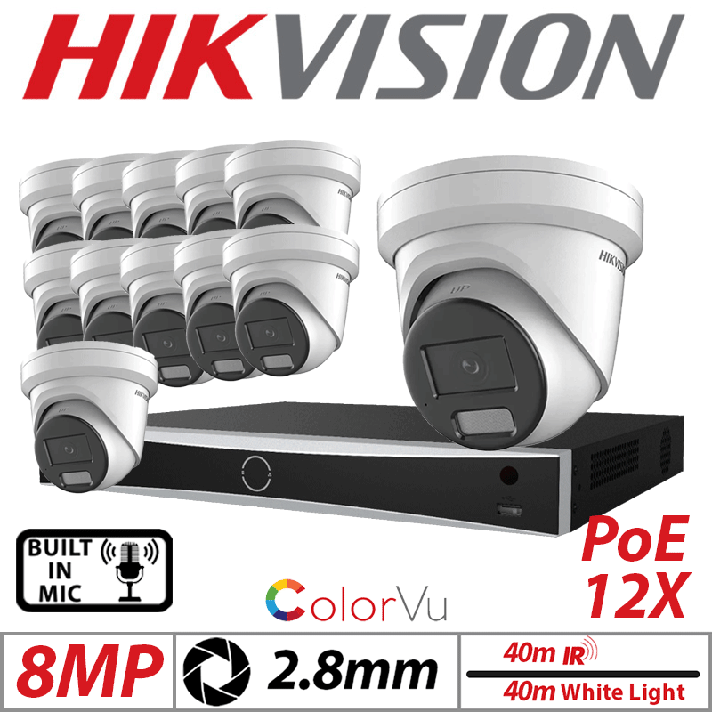 8MP 16CH HIKVISION IP KIT - 12X COLORVU FIXED TURRET IP NETWORK CAMERA WITH BUILT-IN MIC & SMART HYBRID LIGHT 2.8MM WHITE DS-2CD2387G2H-LIU-2.8MM