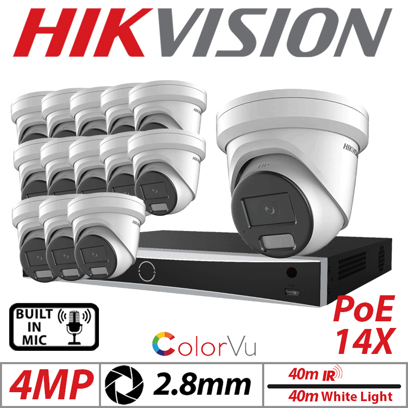 4MP 16CH HIKVISION IP KIT - 14X COLORVU FIXED TURRET IP NETWORK CAMERA WITH BUILT-IN MIC & SMART HYBRID LIGHT 2.8MM WHITE DS-2CD2347G2H-LIU-2.8MM