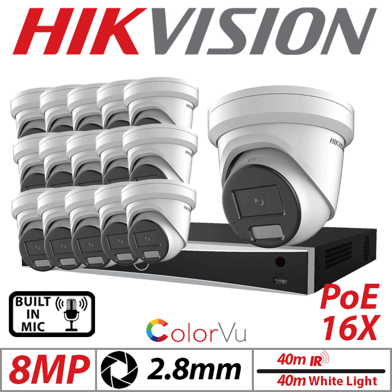 8MP 16CH HIKVISION IP KIT - 16X COLORVU FIXED TURRET IP NETWORK CAMERA WITH BUILT-IN MIC & SMART HYBRID LIGHT 2.8MM WHITE DS-2CD2387G2H-LIU-2.8MM