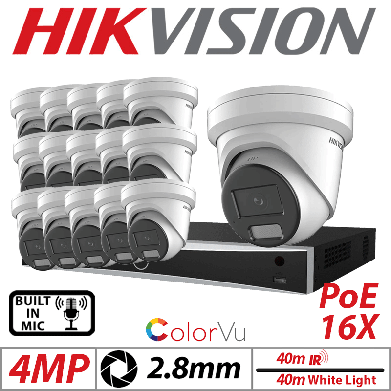 4MP 16CH HIKVISION IP KIT - 16X COLORVU FIXED TURRET IP NETWORK CAMERA WITH BUILT-IN MIC & SMART HYBRID LIGHT 2.8MM WHITE DS-2CD2347G2H-LIU-2.8MM