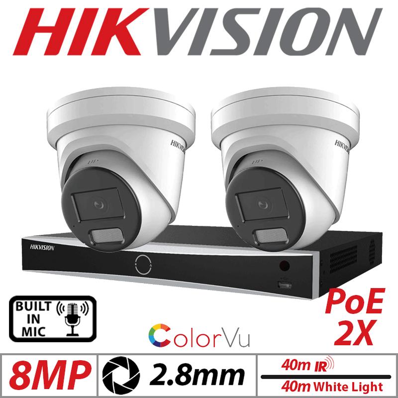 8MP 4CH HIKVISION IP KIT - 2X COLORVU FIXED TURRET IP NETWORK CAMERA WITH BUILT-IN MIC & SMART HYBRID LIGHT 2.8MM WHITE DS-2CD2387G2H-LIU-2.8MM