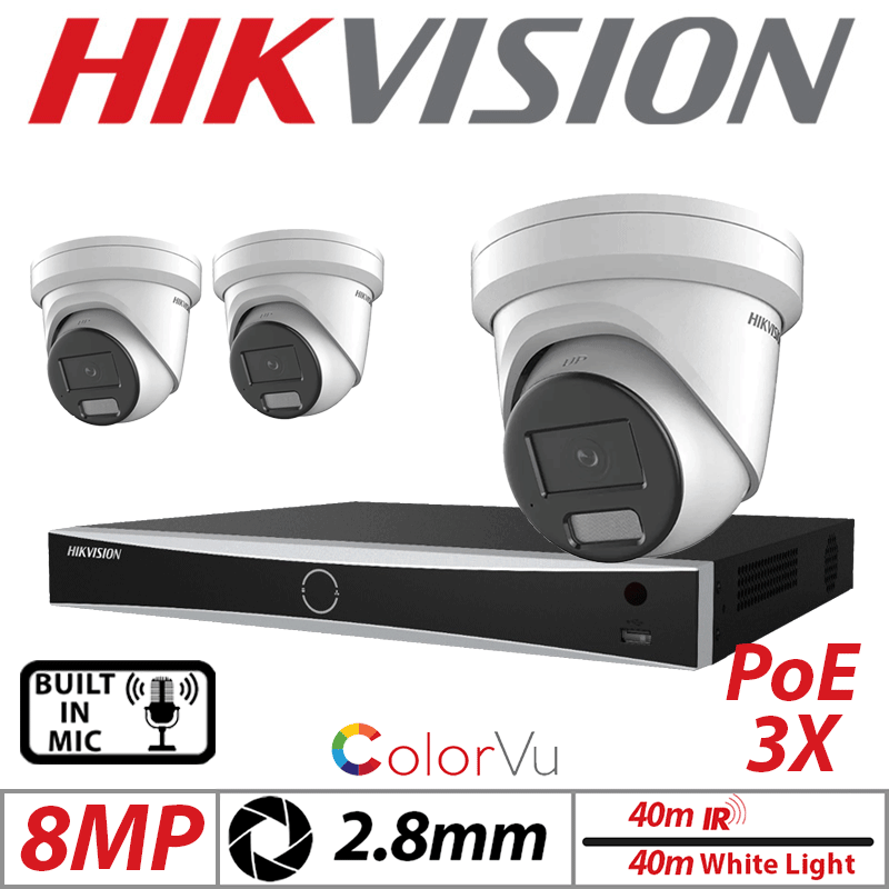 4MP 4CH HIKVISION IP KIT - 3X COLORVU FIXED TURRET IP NETWORK CAMERA WITH BUILT-IN MIC & SMART HYBRID LIGHT 2.8MM WHITE DS-2CD2347G2H-LIU-2.8MM