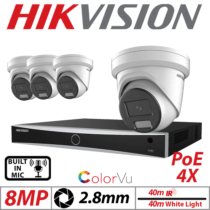 8MP 8CH HIKVISION IP KIT - 4X COLORVU FIXED TURRET IP NETWORK CAMERA WITH BUILT-IN MIC & SMART HYBRID LIGHT 2.8MM WHITE DS-2CD2387G2H-LIU-2.8MM