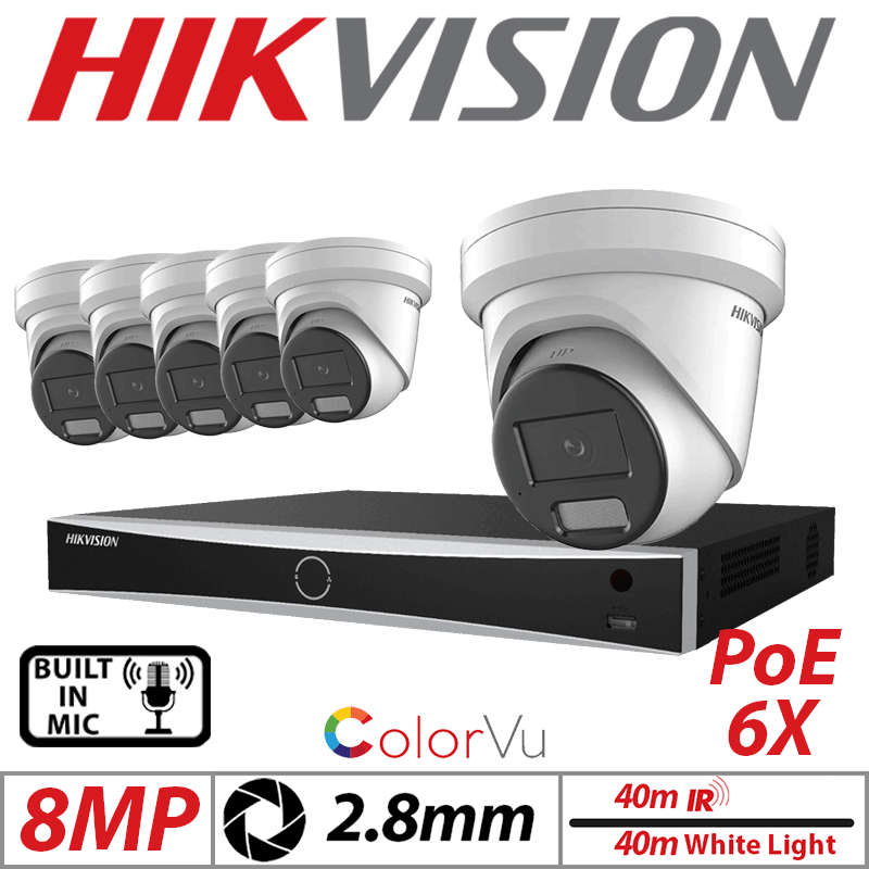 8MP 8CH HIKVISION IP KIT - 6X COLORVU FIXED TURRET IP NETWORK CAMERA WITH BUILT-IN MIC & SMART HYBRID LIGHT 2.8MM WHITE DS-2CD2387G2H-LIU-2.8MM
