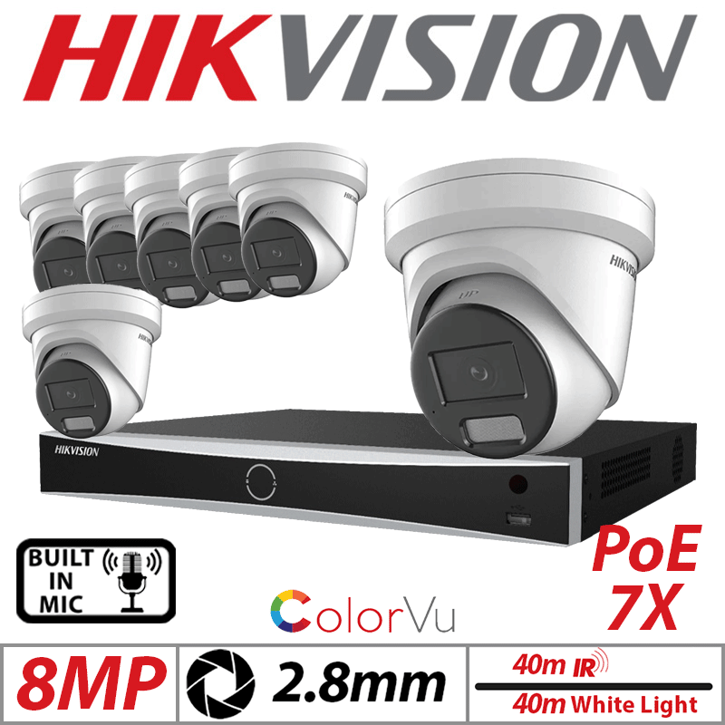 4MP 8CH HIKVISION IP KIT - 7X COLORVU FIXED TURRET IP NETWORK CAMERA WITH BUILT-IN MIC & SMART HYBRID LIGHT 2.8MM WHITE DS-2CD2347G2H-LIU-2.8MM