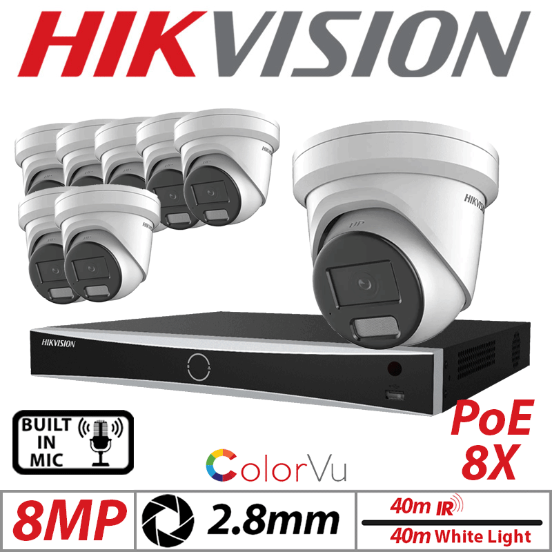 8MP 16CH HIKVISION IP KIT - 8X COLORVU FIXED TURRET IP NETWORK CAMERA WITH BUILT-IN MIC & SMART HYBRID LIGHT 2.8MM WHITE DS-2CD2387G2H-LIU-2.8MM