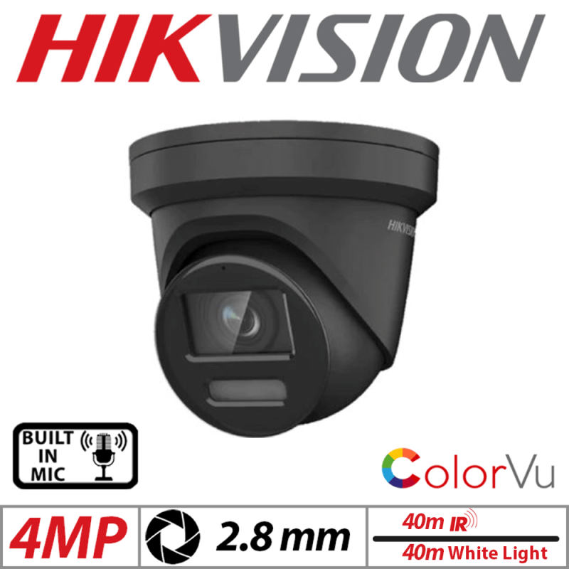 4 MP HIKVISION COLORVU FIXED TURRET IP NETWORK CAMERA WITH BUILT-IN MIC & SMART HYBRID LIGHT 2.8MM BLACK DS-2CD2347G2H-LI(U) (2.8mm)