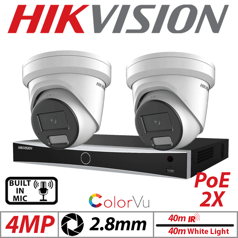 4MP 4CH HIKVISION IP KIT - 2X COLORVU FIXED TURRET IP NETWORK CAMERA WITH BUILT-IN MIC & SMART HYBRID LIGHT 2.8MM WHITE DS-2CD2347G2H-LIU-2.8MM