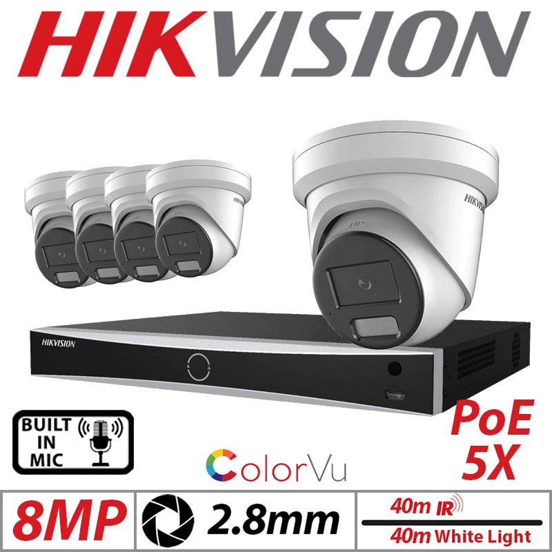 8MP 8CH HIKVISION IP KIT - 5X COLORVU FIXED TURRET IP NETWORK CAMERA WITH BUILT-IN MIC & SMART HYBRID LIGHT 2.8MM WHITE DS-2CD2387G2H-LIU-2.8MM