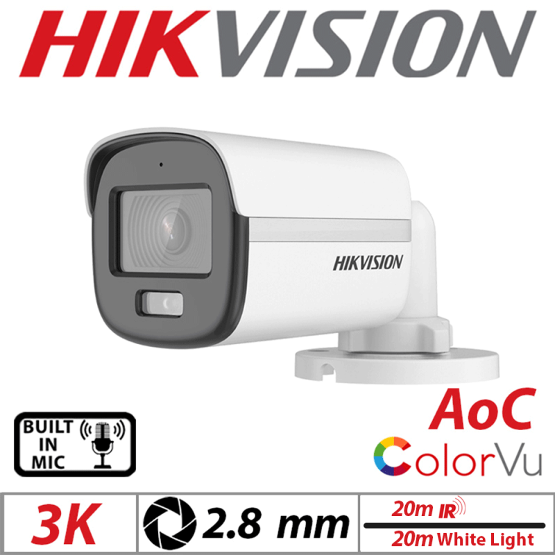 3K HIKVISION 4IN1 AOC BULLET CAMERA WITH BUILT IN MIC & SMART HYBRID LIGHT 2.8MM WHITE DS-2CE10KF0T-LFS