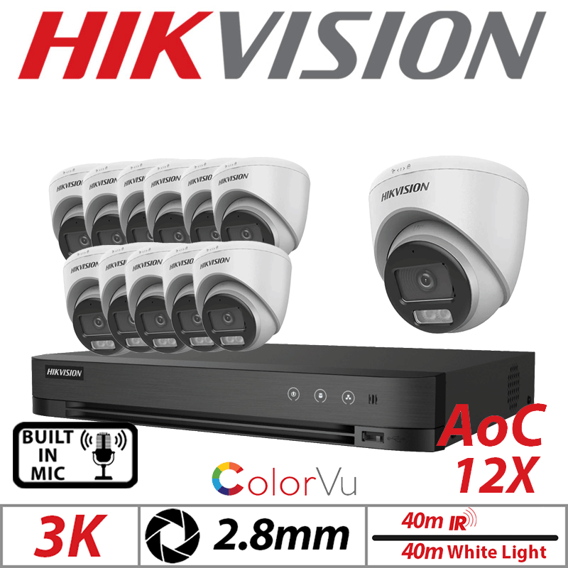 3K 16CH HIKVISION - 12X COLORVU AOC FIXED TURRET CAMERA WITH BUILT IN MIC 2.8MM WHITE DS-2CE72KF0T-LFS-2.8MM-WHITE