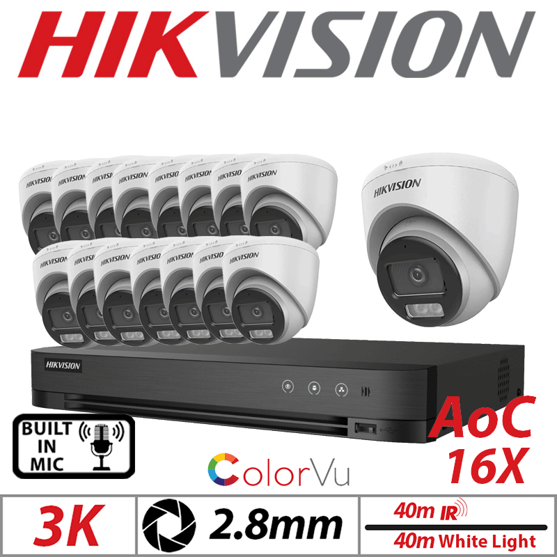 3K 16CH HIKVISION - 16X COLORVU AOC FIXED TURRET CAMERA WITH BUILT IN MIC 2.8MM WHITE DS-2CE72KF0T-LFS-2.8MM-WHITE