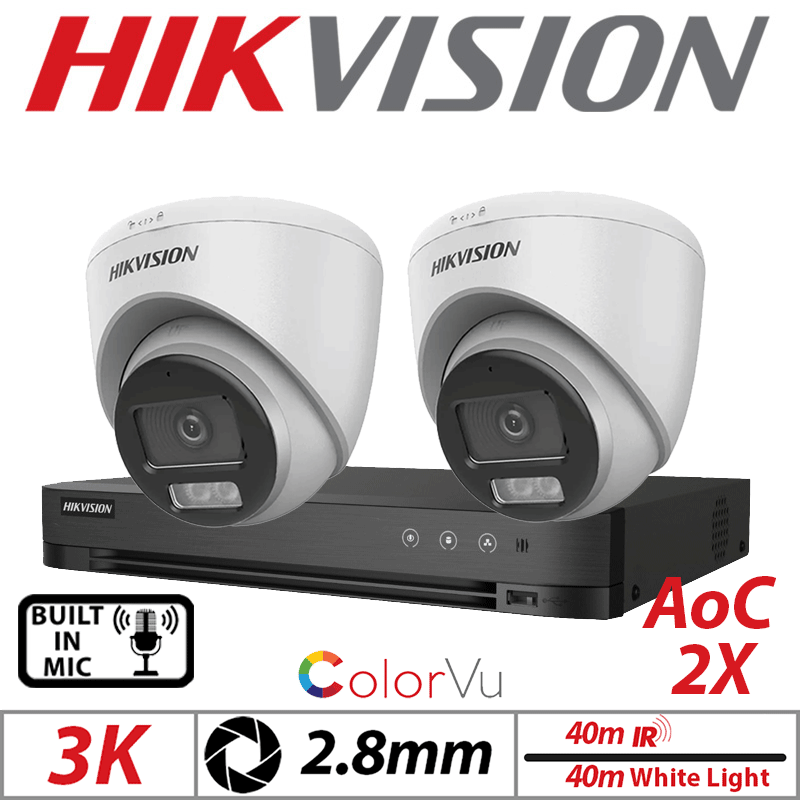 3K 4CH HIKVISION - 2X COLORVU AOC FIXED TURRET CAMERA WITH BUILT IN MIC 2.8MM WHITE