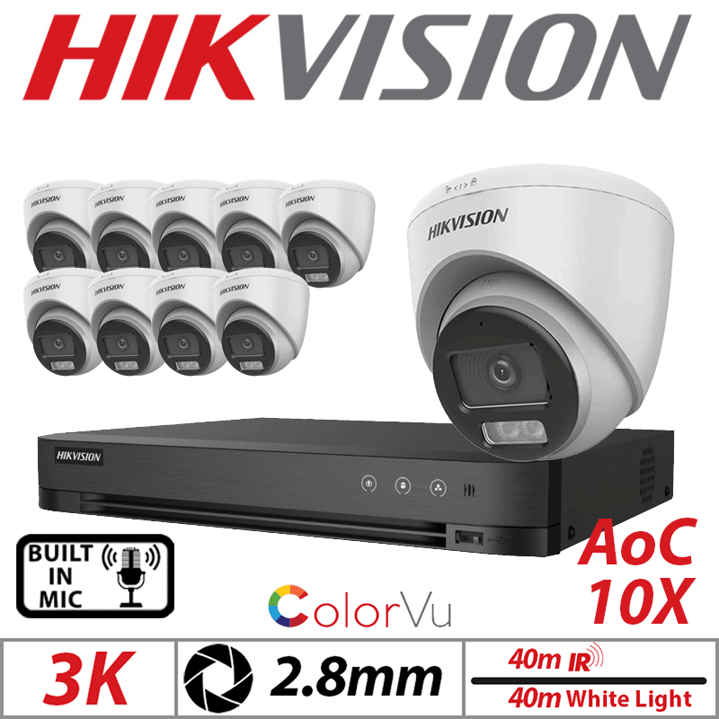 3K 16CH HIKVISION - 10X COLORVU AOC FIXED TURRET CAMERA WITH BUILT IN MIC 2.8MM WHITE