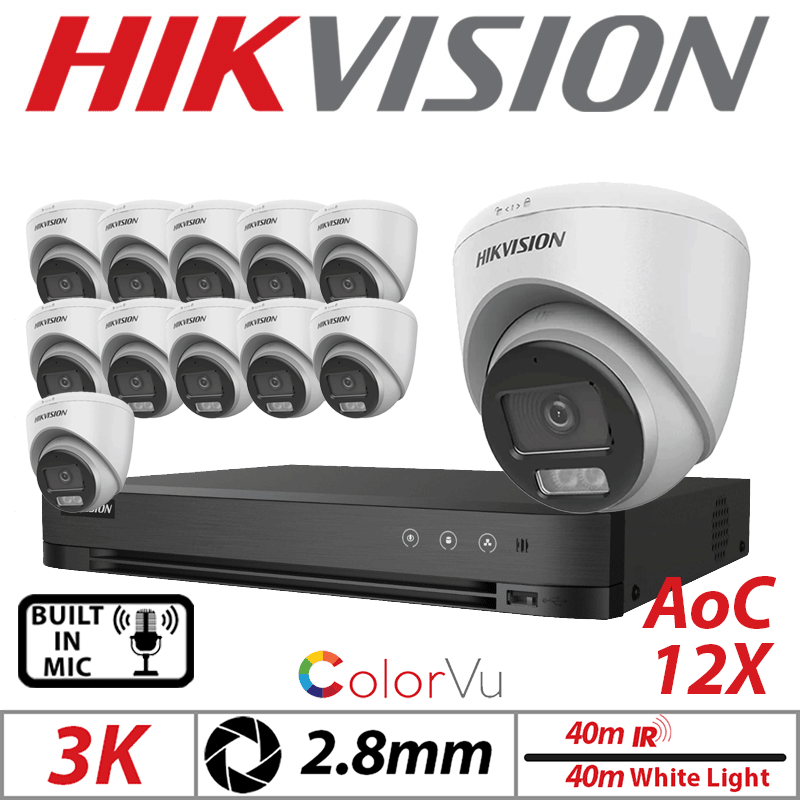 3K 16CH HIKVISION - 12X COLORVU AOC FIXED TURRET CAMERA WITH BUILT IN MIC 2.8MM WHITE