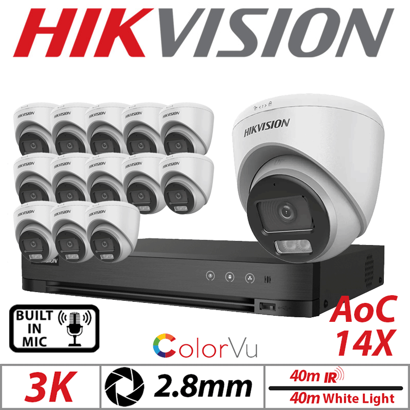 3K 16CH HIKVISION - 14X COLORVU AOC FIXED TURRET CAMERA WITH BUILT IN MIC 2.8MM WHITE