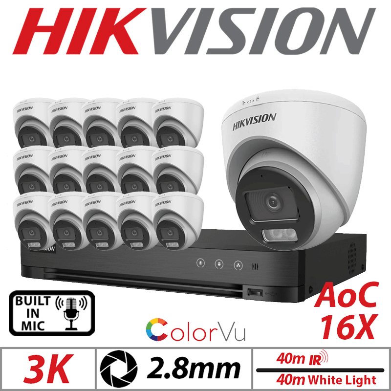 3K 16CH HIKVISION - 16X COLORVU AOC FIXED TURRET CAMERA WITH BUILT IN MIC 2.8MM WHITE