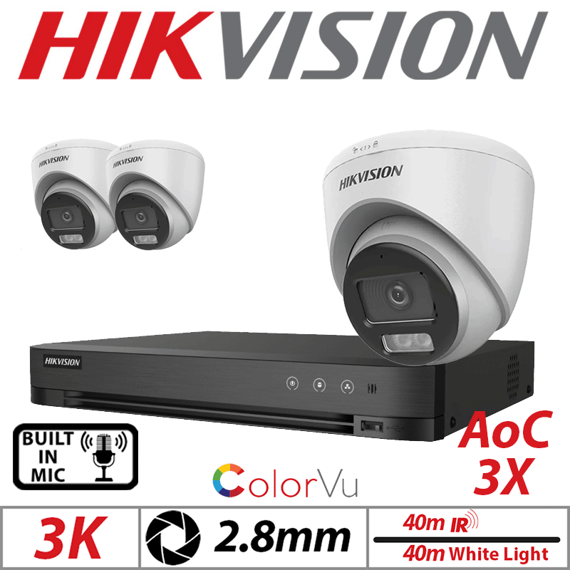 3K 4CH HIKVISION - 3X COLORVU AOC FIXED TURRET CAMERA WITH BUILT IN MIC 2.8MM WHITE