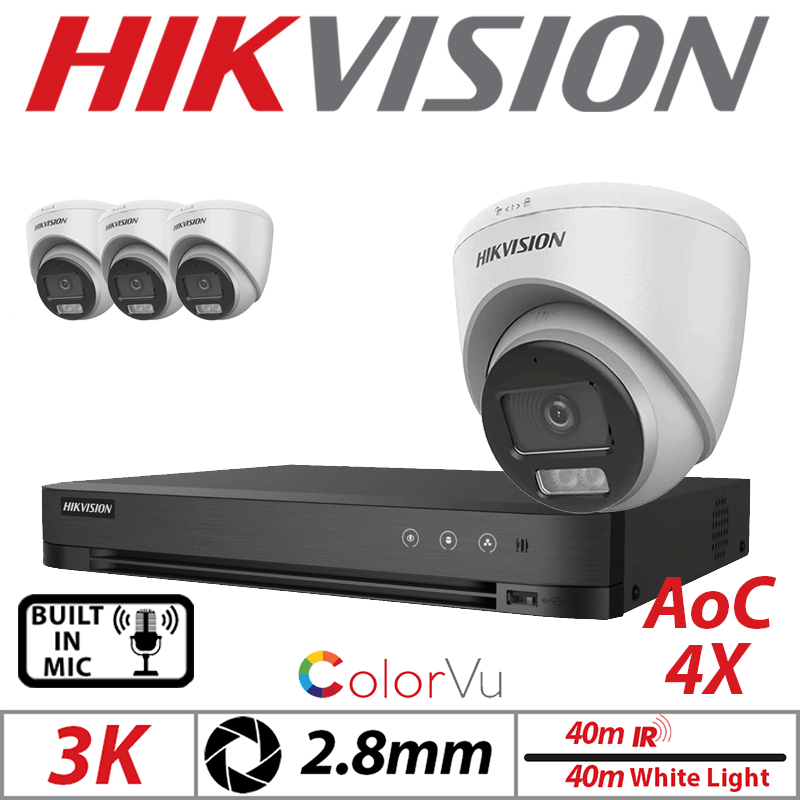 3K 4CH HIKVISION - 4X COLORVU AOC FIXED TURRET CAMERA WITH BUILT IN MIC 2.8MM WHITE