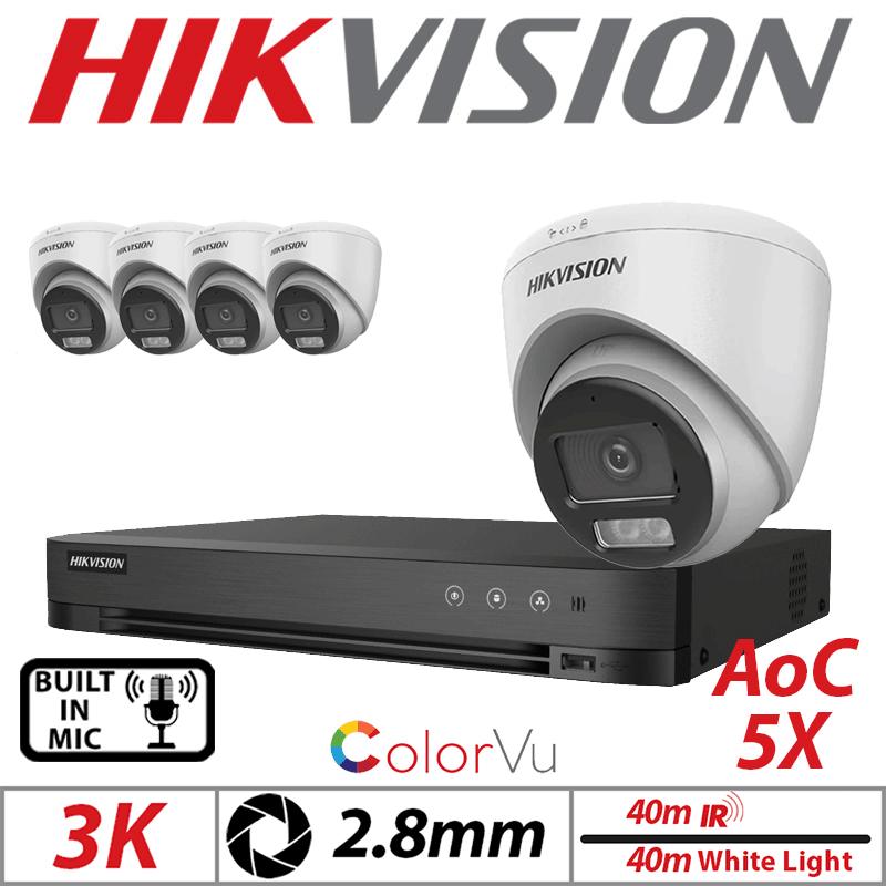 3K 8CH HIKVISION - 5X COLORVU AOC FIXED TURRET CAMERA WITH BUILT IN MIC 2.8MM WHITE