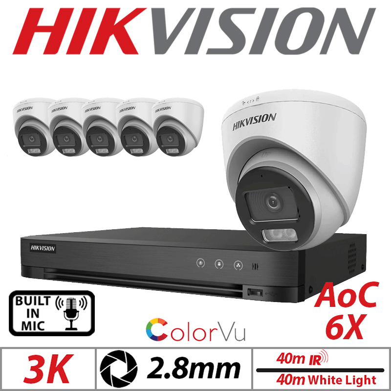 3K 8CH HIKVISION - 6X COLORVU AOC FIXED TURRET CAMERA WITH BUILT IN MIC 2.8MM WHITE