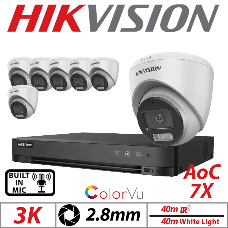 3K 8CH HIKVISION - 7X COLORVU AOC FIXED TURRET CAMERA WITH BUILT IN MIC 2.8MM WHITE