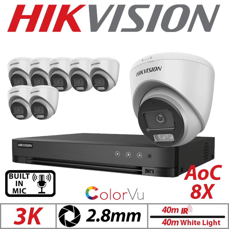 3K 16CH HIKVISION - 8X COLORVU AOC FIXED TURRET CAMERA WITH BUILT IN MIC 2.8MM WHITE