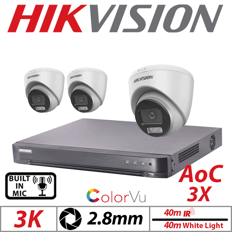 3K 4CH HIKVISION - 3X COLORVU AOC FIXED TURRET CAMERA WITH BUILT IN MIC 2.8MM WHITE DS-2CE72KF0T-LFS-2.8MM-WHITE