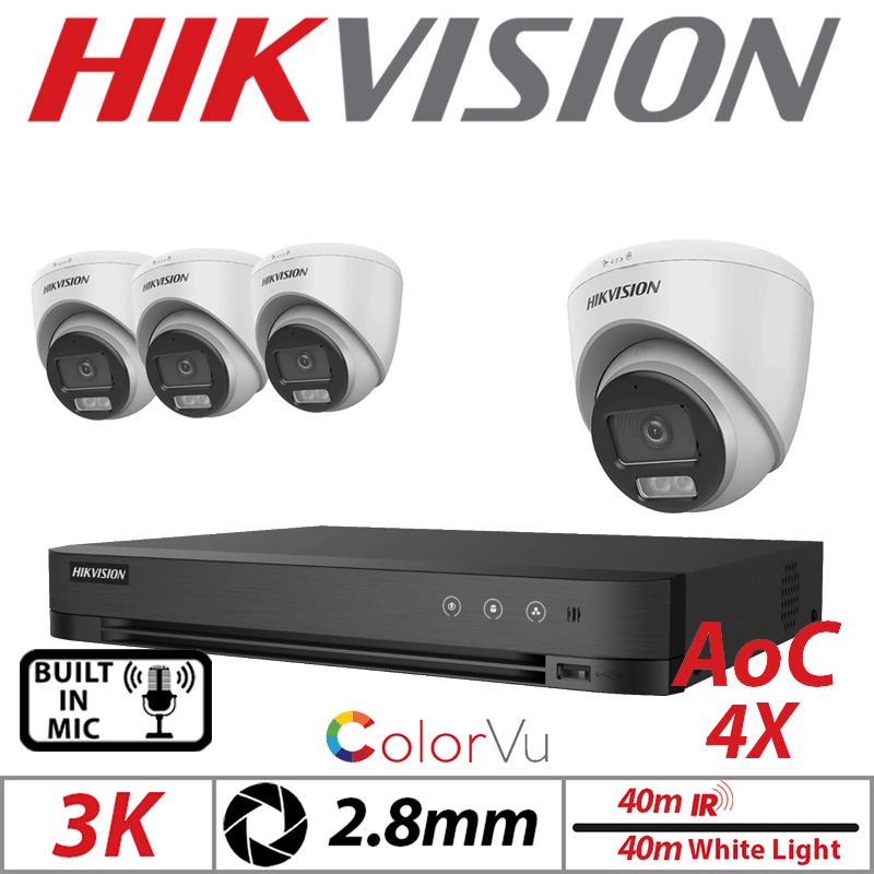 3K 8CH HIKVISION - 4X COLORVU AOC FIXED TURRET CAMERA WITH BUILT IN MIC 2.8MM WHITE DS-2CE72KF0T-LFS-2.8MM-WHITE