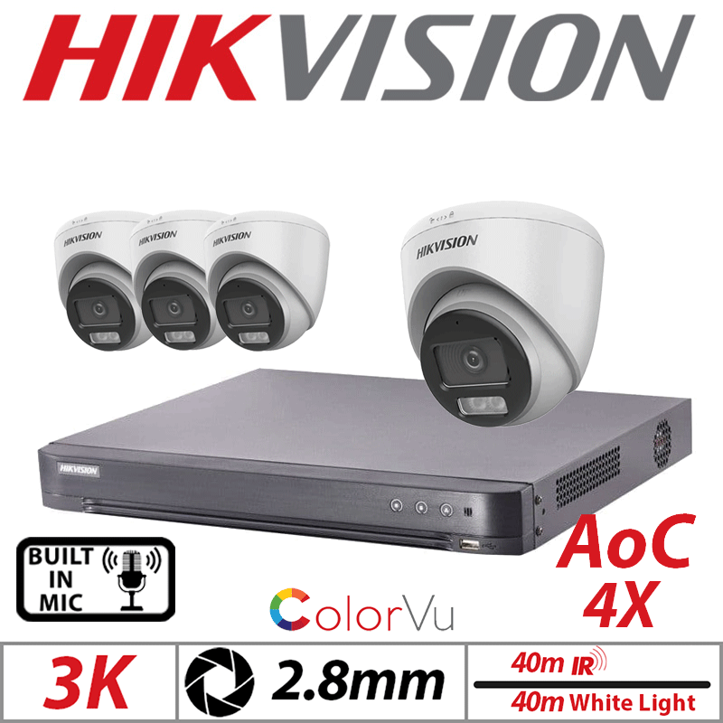 3K 4CH HIKVISION - 4X COLORVU AOC FIXED TURRET CAMERA WITH BUILT IN MIC 2.8MM WHITE DS-2CE72KF0T-LFS-2.8MM-WHITE