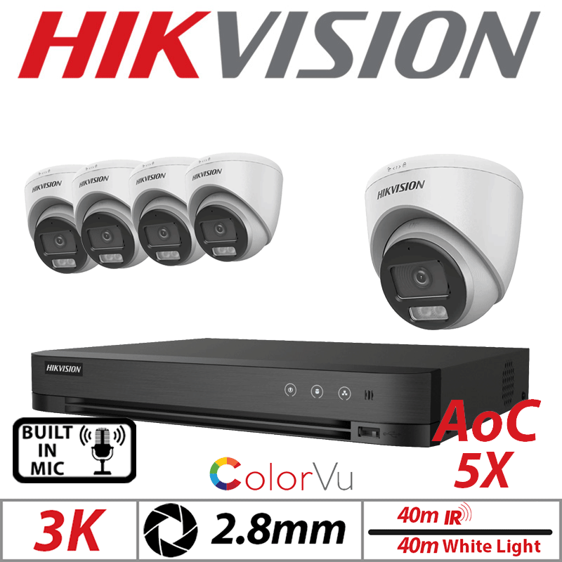 3K 8CH HIKVISION - 5X COLORVU AOC FIXED TURRET CAMERA WITH BUILT IN MIC 2.8MM WHITE DS-2CE72KF0T-LFS-2.8MM-WHITE