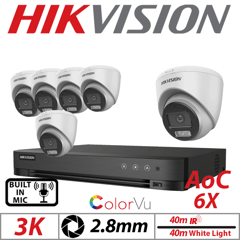3K 8CH HIKVISION - 6X COLORVU AOC FIXED TURRET CAMERA WITH BUILT IN MIC 2.8MM WHITE DS-2CE72KF0T-LFS-2.8MM-WHITE