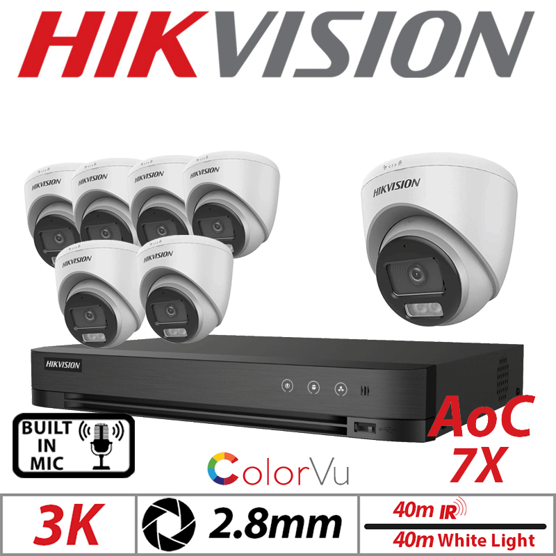 3K 8CH HIKVISION - 7X COLORVU AOC FIXED TURRET CAMERA WITH BUILT IN MIC 2.8MM WHITE DS-2CE72KF0T-LFS-2.8MM-WHITE