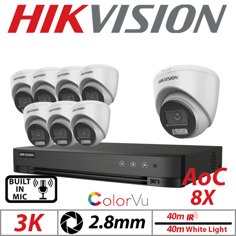 3K 8CH HIKVISION - 8X COLORVU AOC FIXED TURRET CAMERA WITH BUILT IN MIC 2.8MM WHITE DS-2CE72KF0T-LFS-2.8MM-WHITE