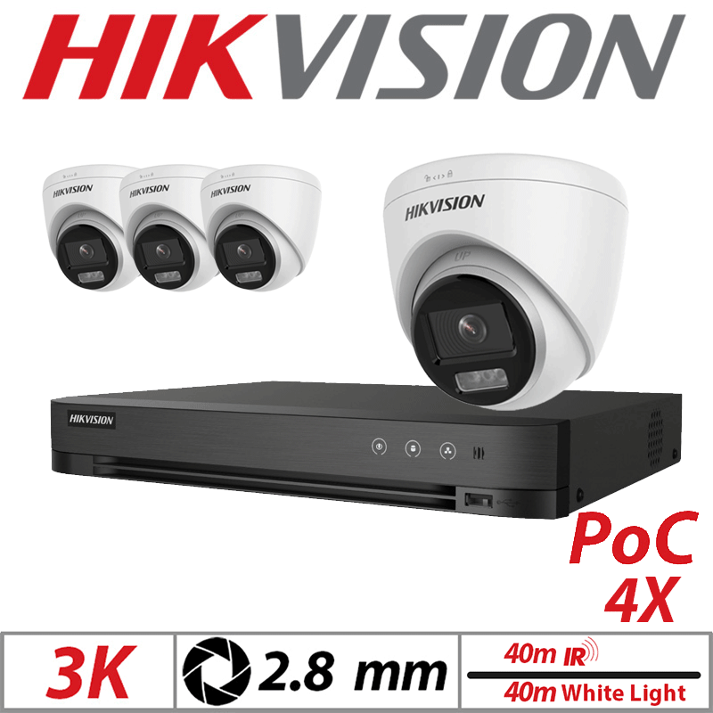 3K 4CH HIKVISION - 4X DUAL-LIGHT POC FIXED TURRET CAMERA 2.8MM WHITE DS-2CE72KF3T-LE(2.8mm)