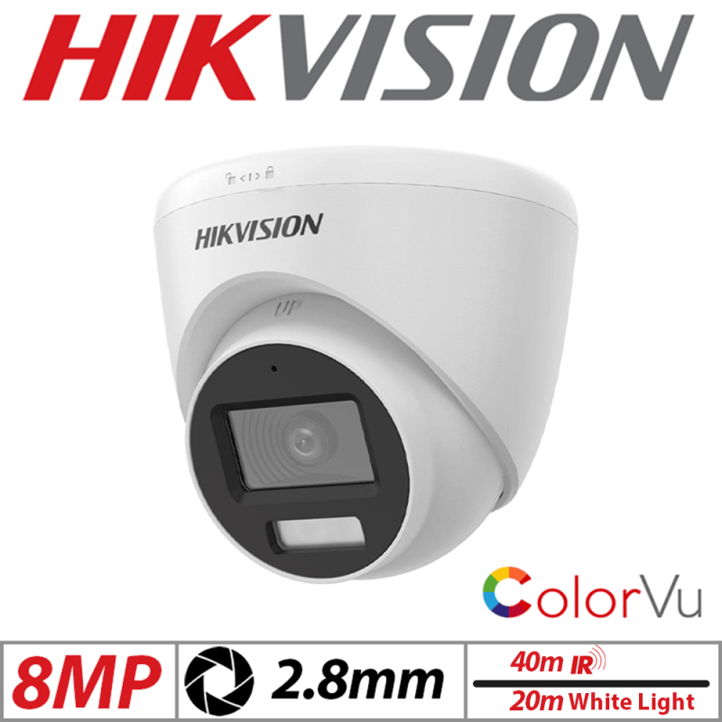 8MP HIKVISION DOME COLORVU FIXED TURRET CAMERA WITH SMART HYBRID LIGHT 2.8MM WHITE DS-2CE78U0T-LF-2.8MM