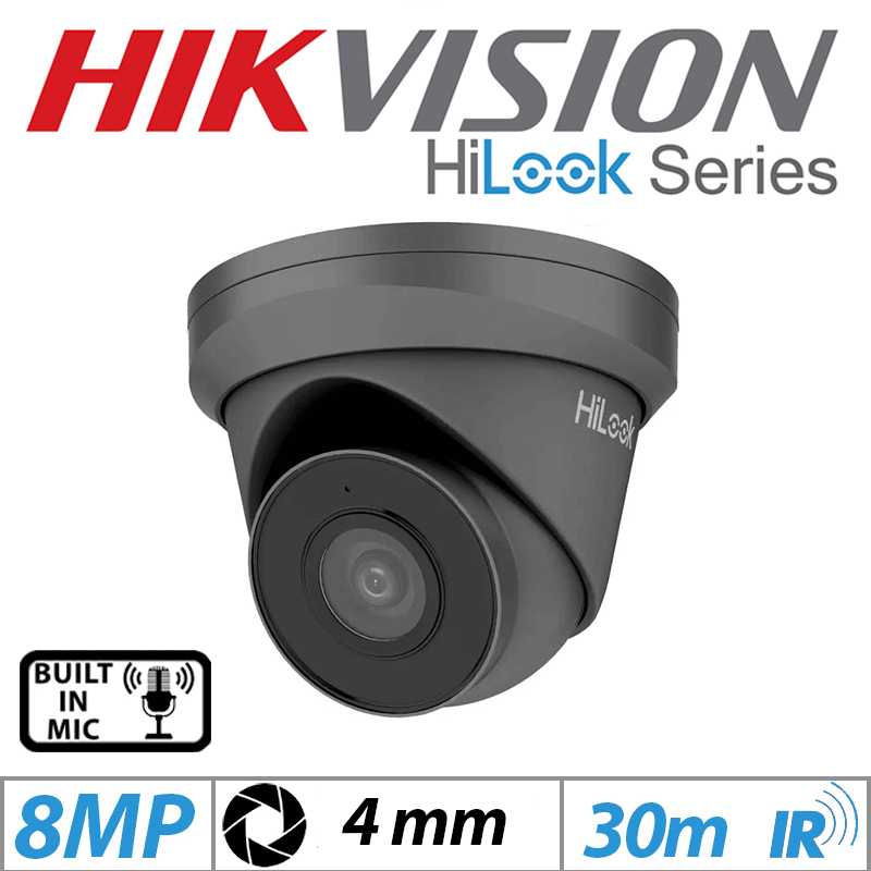 8MP HIKVISION HILOOK IP METAL TURRET CAMERA WITH BUILT IN MIC 4MM GRADED ITEM G1-IPC-T280H-MUF-4MM-GREY