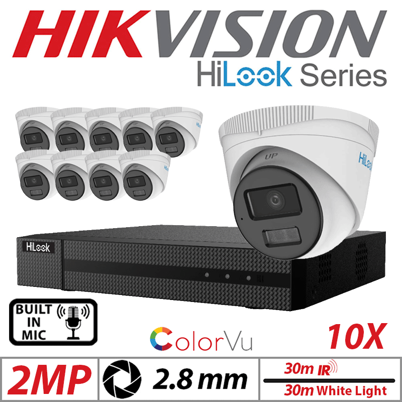 2MP 16CH HIKVISION HILOOK IP KIT - 10X DOME IP POE OUTDOOR COLORVU CAMERA WITH SMART HYBRID LIGHT 2.8MM WHITE