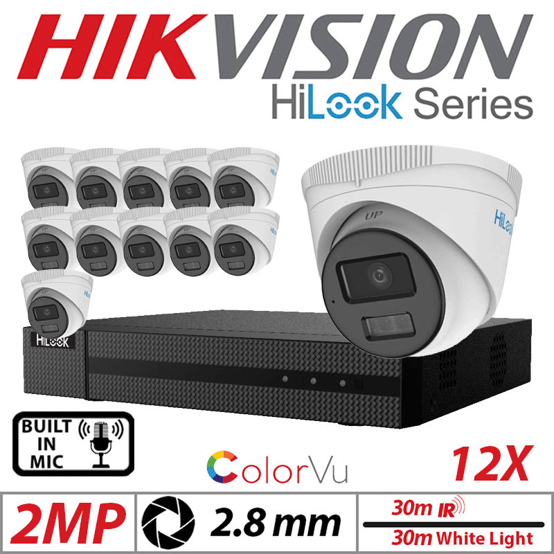 2MP 16CH HIKVISION HILOOK IP KIT - 12X DOME IP POE OUTDOOR COLORVU CAMERA WITH SMART HYBRID LIGHT 2.8MM WHITE