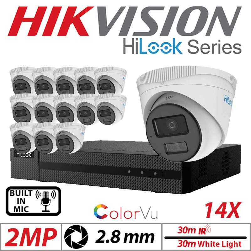 2MP 16CH HIKVISION HILOOK IP KIT - 14X DOME IP POE OUTDOOR COLORVU CAMERA WITH SMART HYBRID LIGHT 2.8MM WHITE