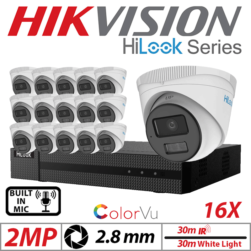 2MP 16CH HIKVISION HILOOK IP KIT - 16X DOME IP POE OUTDOOR COLORVU CAMERA WITH SMART HYBRID LIGHT 2.8MM WHITE