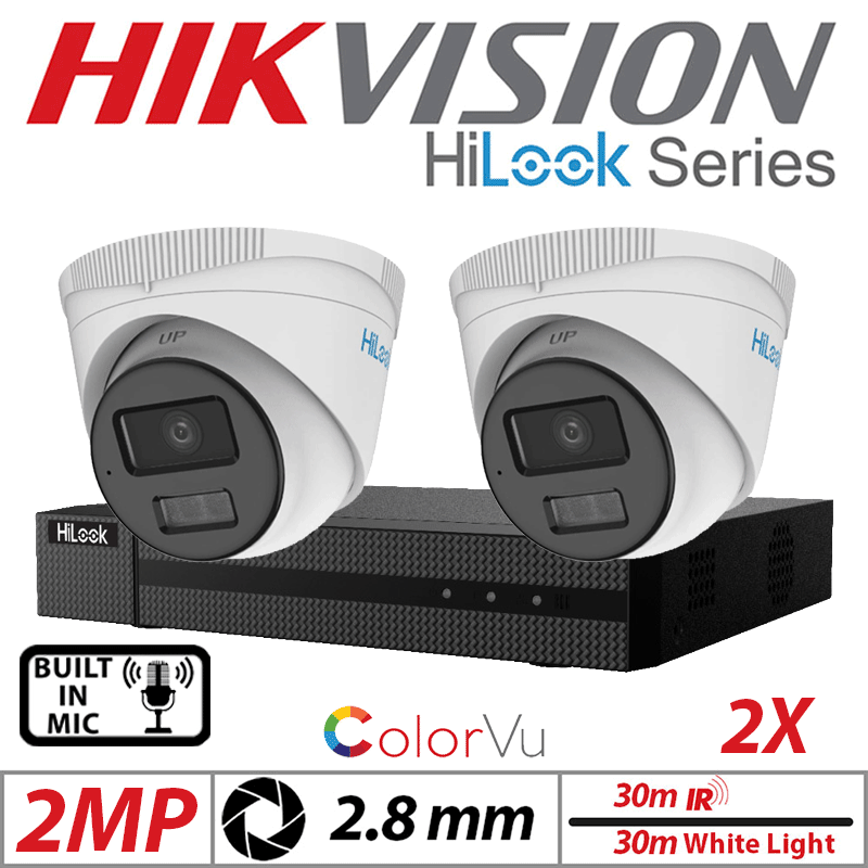 2MP 4CH HIKVISION HILOOK IP KIT - 2X DOME IP POE OUTDOOR COLORVU CAMERA WITH SMART HYBRID LIGHT 2.8MM WHITE