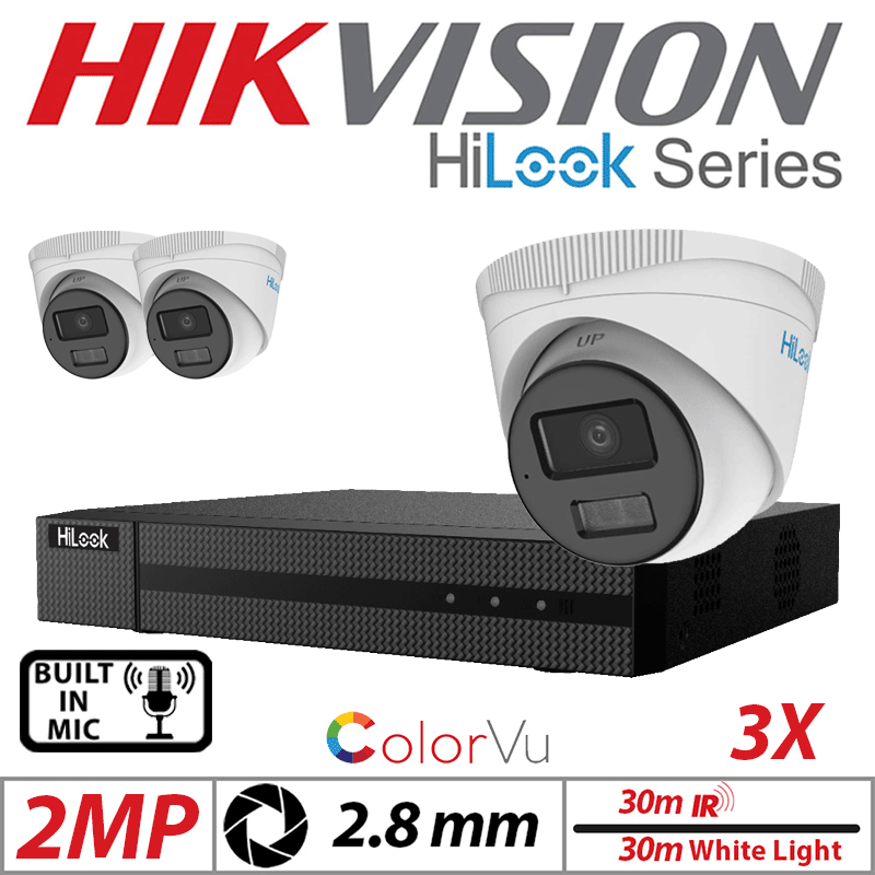 2MP 4CH HIKVISION HILOOK IP KIT - 3X DOME IP POE OUTDOOR COLORVU CAMERA WITH SMART HYBRID LIGHT 2.8MM WHITE