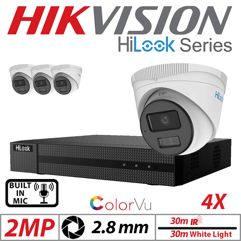 2MP 4CH HIKVISION HILOOK IP KIT - 4X DOME IP POE OUTDOOR COLORVU CAMERA WITH SMART HYBRID LIGHT 2.8MM WHITE