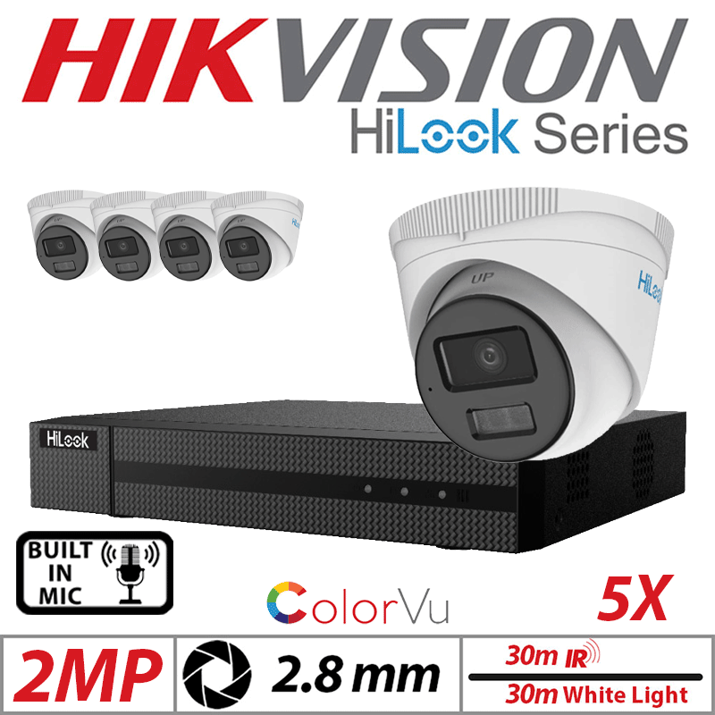 2MP 8CH HIKVISION HILOOK IP KIT - 5X DOME IP POE OUTDOOR COLORVU CAMERA WITH SMART HYBRID LIGHT 2.8MM WHITE