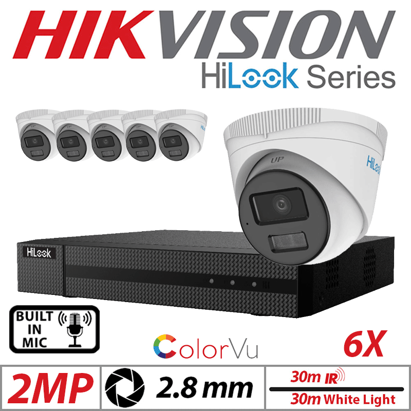 2MP 8CH HIKVISION HILOOK IP KIT - 6X DOME IP POE OUTDOOR COLORVU CAMERA WITH SMART HYBRID LIGHT 2.8MM WHITE