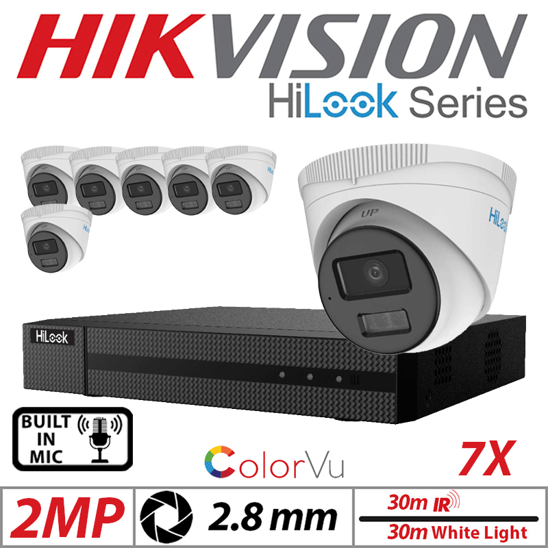 2MP 8CH HIKVISION HILOOK IP KIT - 7X DOME IP POE OUTDOOR COLORVU CAMERA WITH SMART HYBRID LIGHT 2.8MM WHITE