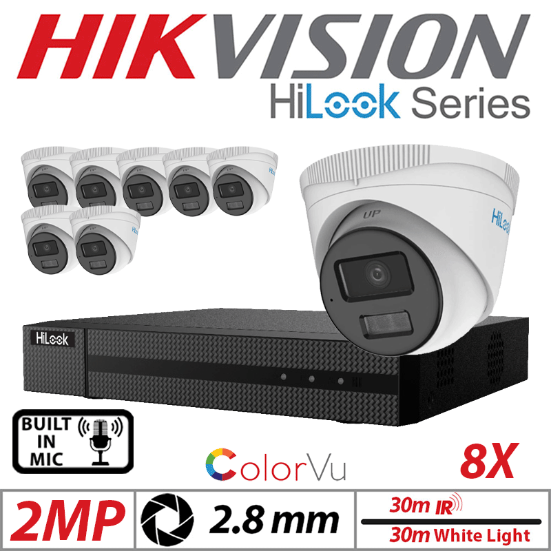 2MP 16CH HIKVISION HILOOK IP KIT - 8X DOME IP POE OUTDOOR COLORVU CAMERA WITH SMART HYBRID LIGHT 2.8MM WHITE